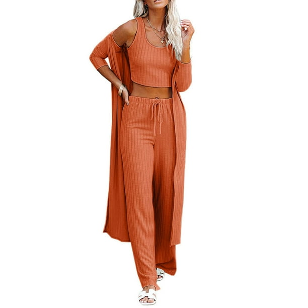Womens Pajamas Set Fall 3 Piece Loungewear Set Crop Vest Top Loose Pants and Cardigan Knitwear Jumpsuit Warm Womens Pajamas Set Fall 3 Piece Loungewear Set Crop Vest Top Loose Pants and Cardigan Knitwear Jumpsuit Warm